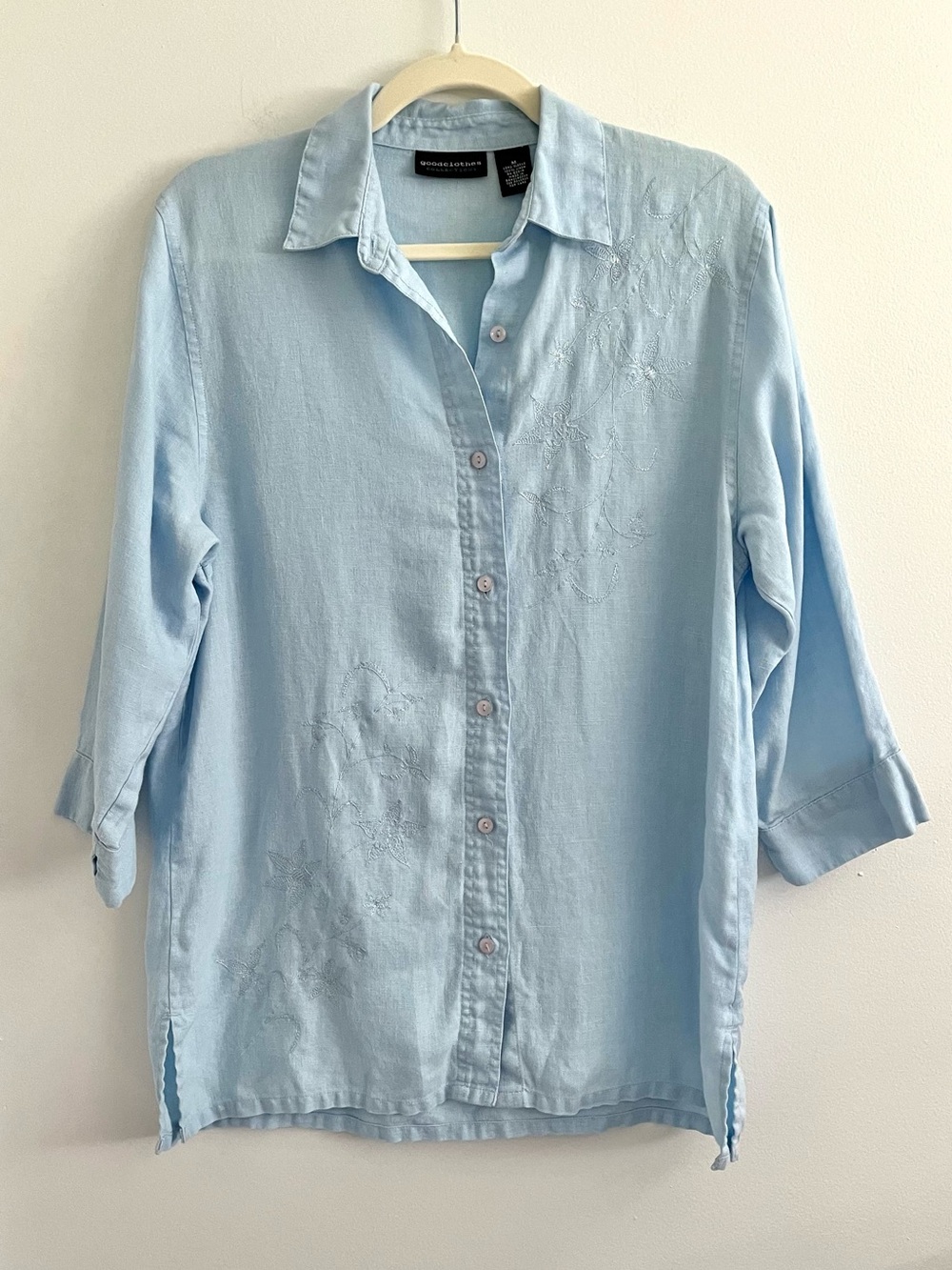 Vintage 100% Linen Floral Embroidered Button Down Tunic Top Coastal Grandma Sz M